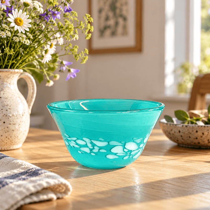 Turkis kunstglassbolle med hvit dekor - Trolig Hallingglass 